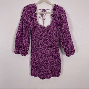 Free People Purple Floral Ruched Square Neck Long Sleeve Dress